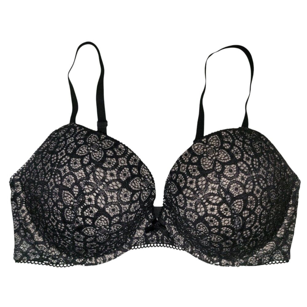 Victoria Secret Dream Angels 36D Push-up Bra Black Tan Lace Womens
